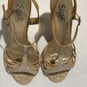 Sizzle‎ by Coloriffics Gold Glitter Rhinestone T-Strap Dress Heels Sandals